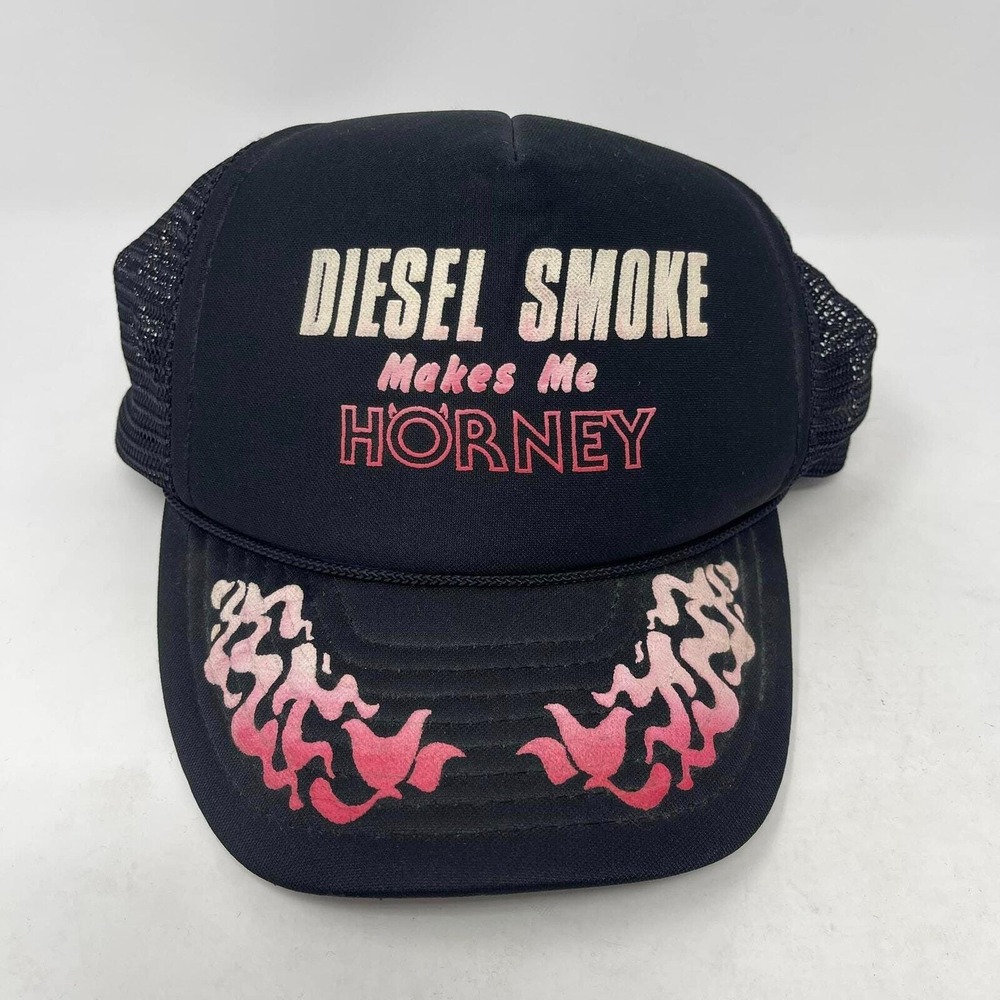 VTG Otto Trucker Hat Diesel Smoke Horney Black Pink Red Flames 90s Humor